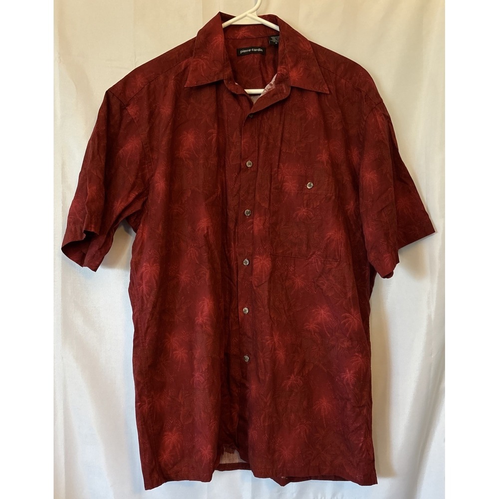 Pierre Cardin Mens M Hawaiian Shirt Red Tropical Palm Tree Resort Floral Button